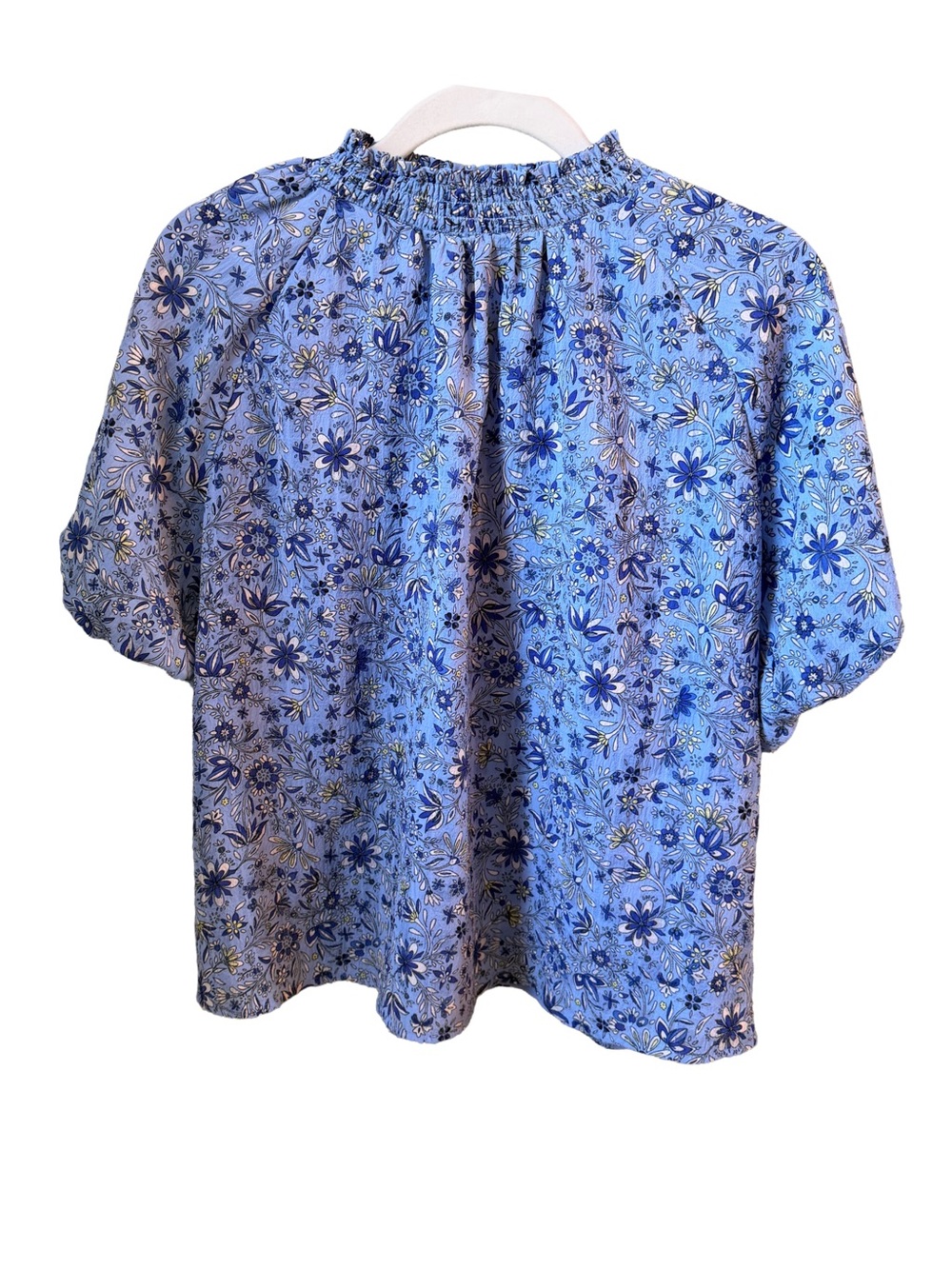 LOFT Blue Botanical Smocked Neck Puff Sleeve Top Small Summer Boho Chic Casual - Picture 2 of 7